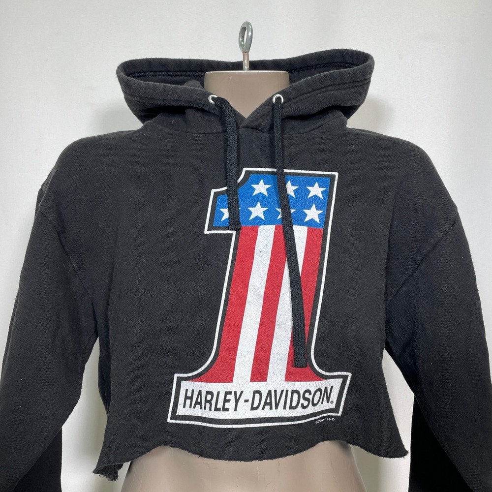 Harley-Davidson #1 California Shield Logo Black Cropped Hoodie Women's SMALL - Picture 2 of 10